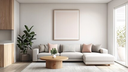 Modern living room with clean design and pastel accents cozy ambience indoor environment contemporary view
