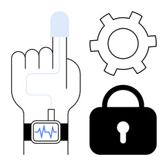 Finger performing biometric scan, heart rate smartwatch, gear symbolizing operations, and lock demonstrating security. Ideal for technology, data protection, innovation, authentication, encryption
