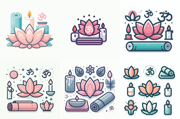 Yoga and Meditation Elements: Lotus, Om Symbol, Candles, and Mat Illustrations