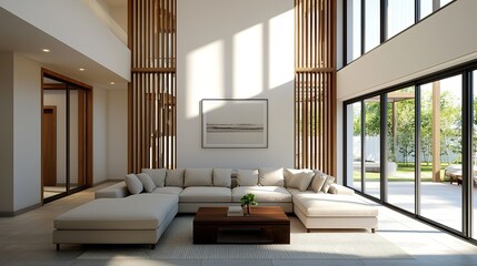 Fototapeta premium Elegant minimalist living room design modern home interior decor bright space open view simplistic style