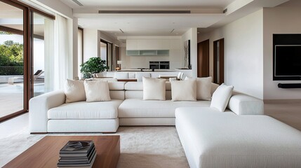 Modern living room with large sofa contemporary home interior design bright environment wide angle relaxed aesthetic