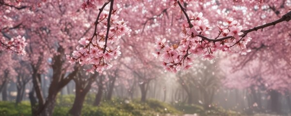 Delicate pink sakura petals drift against a bokeh of blossoming cherry trees ,  pink,  flowers