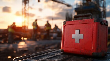 Red First-Aid Kit with White Cross in Foreground Against Blurred Background of Construction Workers at Sunset Near Industrial Equipment and Machinery