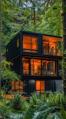 Fototapeta premium Modern container house nestled within the serene embrace of lush forest