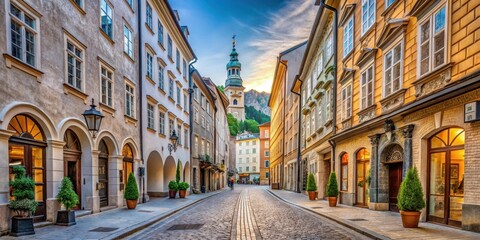 Fototapeta premium Narrow cobblestone street lined with historic buildings and ornate facades in the heart of Salzburg's Old Town , cobblestone street, old town