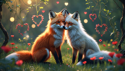 Red and White Foxes Nuzzling in Forest Meadow with Hearts and Wildflowers, 4K Warm Romantic Scene
