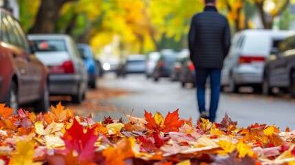 Autumn street scenery: colorful leaves foreground blurred background with cars and pedestrian fall season beauty on the road vibrant foliage and urban life in background 