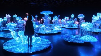Woman in a Mesmerizing Exhibition of Bioluminescent Jellyfish Sculptures Installation