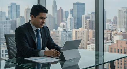 Professional Man Reviewing Documents on Surface Pro in High-Rise Office.