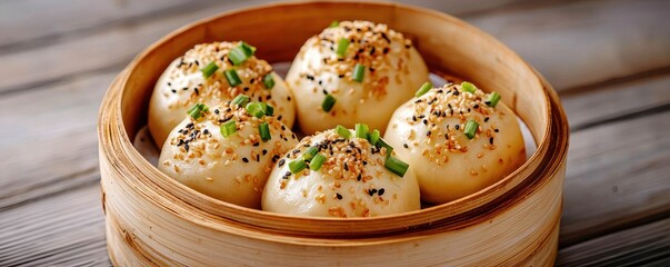 Chinese cuisine concept with dim sum and street food. Steamed buns garnished with sesame seeds and chives in a bamboo steamer.
