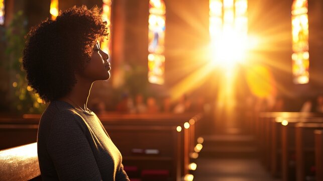 A young Black woman with curly hair gazes upward in awe at a beautiful sunlit stained-glass window while sitting in a church pew, deep in thought.
