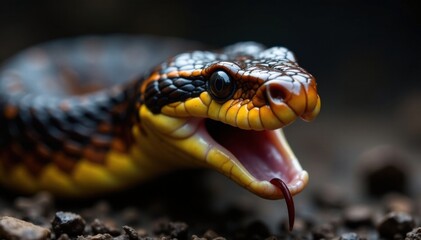 Obraz premium Venomous snake with forked tongue in close-up, nature, viper