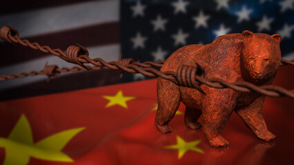 The Bear on China and America flag Background 3d Rendering..