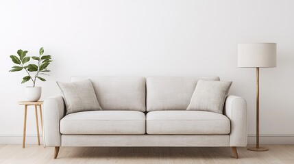 Modern living room design bright neutral palette sofa and decor minimalist style cozy environment indoor view