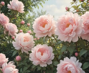 Fototapeta premium Soft watercolor roses & peonies, vintage rose garden scene , garden, summer