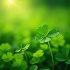 Vibrant green four-leafed clover in a field with sunlight filtering through, plants, lush green