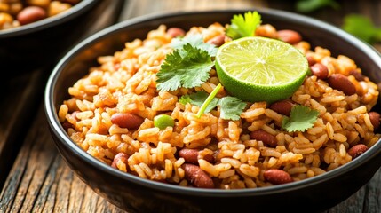 A dark rustic bowl overflowing with vibrant rice, kidney beans, and peas, beautifully garnished with cilantro and a zesty lime wedge on wooden table