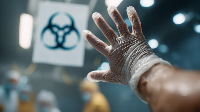 Biohazard Alert: A gloved hand reaches towards the biohazard symbol, emphasizing the critical nature of the laboratory setting, which is filled with safety-suited figures.
