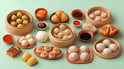 Chinese cuisine concept with dim sum and street food. Assorted dumplings and pastries arranged on a green background.