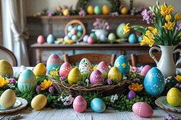 Vibrant Horizontal Seasonal Art Banner Showcasing Hand-Painted Easter Eggs on Decorated Table for Spring Celebrations