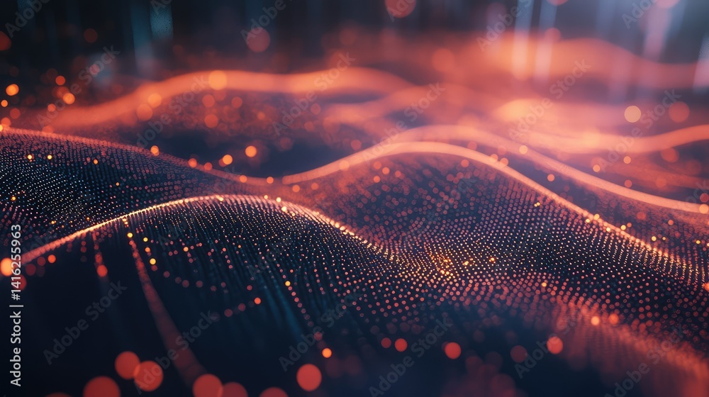 Poster abstract representation of glowing particle waves with vivid colors demonstrating technology and dig