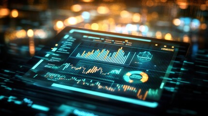 Futuristic tablet showcasing dynamic financial data with vibrant graphs and charts illuminated by a beautiful blurred city lights backdrop at night