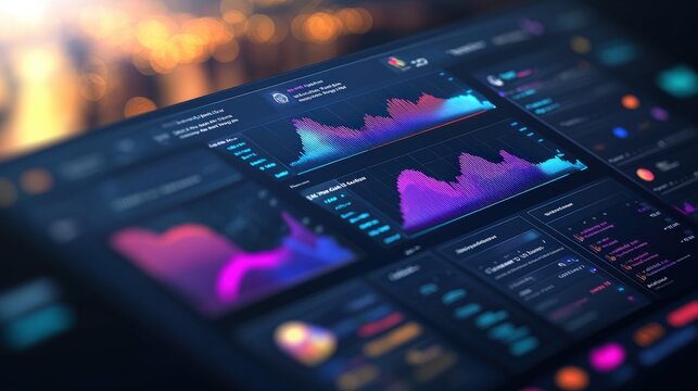 Close-up view of a data dashboard featu multicolored charts and graphs on a computer screen with a blurred background highlighting numerical insights