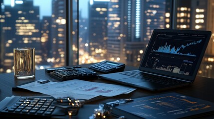 Nighttime cityscape from high-rise office view with desk cluttered with financial documents and laptop displaying stock market graphs and calculators