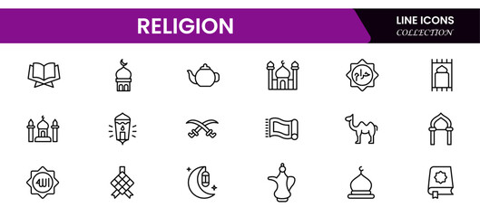 Religion and faith icon set. Religious icon collection in line style. Related to Islma, Christian, Hinduism, Judaism.