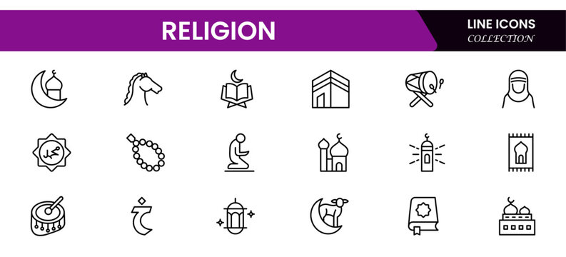 Religion and faith icon set. Religious icon collection in line style. Related to Islma, Christian, Hinduism, Judaism.