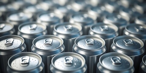 High-resolution close-up image of numerous metallic beverage cans arranged in uniform rows, showcasing industrial production and mass packaging of drink containers

