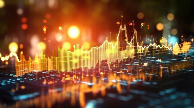 Abstract digital illustration of dynamic stock market graph with glowing orange and yellow lines over blurred city lights and circuit board background