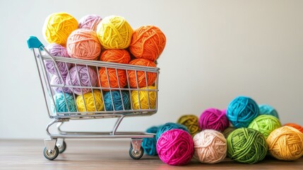 Shopping cart filled with colorful yarn balls for knitting crochet projects craft supplies in a miniature cart with vibrant wool threads against a bright background 