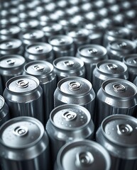 Endless rows of shiny aluminum cans forming a repetitive pattern, perfect visual for manufacturing, beverage industry, mass production and commercial packaging themes


