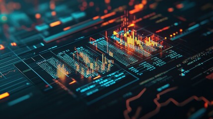 Abstract digital visualization featu dynamic data streams, intricate graphs, and a dark technological interface with glowing orange and teal accents