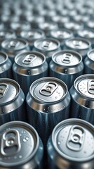 Endless rows of shiny aluminum cans forming a repetitive pattern, perfect visual for manufacturing, beverage industry, mass production and commercial packaging themes


