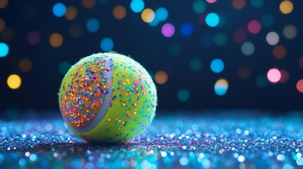 Festive tennis ball with colorful glitter explosions against a sparkling background perfect for celebrations sports events or energetic visuals offering vibrant and joyful imagery 