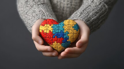 Hands cradling a colorful heart-shaped puzzle piece symbolizing autism awareness, featu vibrant red, blue, yellow, and green puzzle components displayed closely.