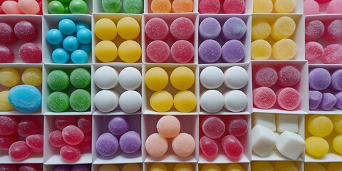 Colorful close-up image of various candy types arranged in a neat grid pattern inside small boxes, creating a visually striking and organized candy assortment background

