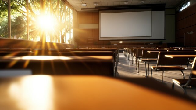 Sunlit lecture hall with rows of empty desks, large blank projection screen at front, inviting atmosphere, viewed from low angle, ready for learning