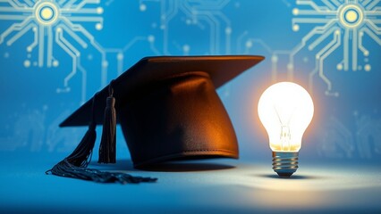 Graduation cap alongside an illuminated lightbulb. Education and innovation concept with technology-inspired background design.