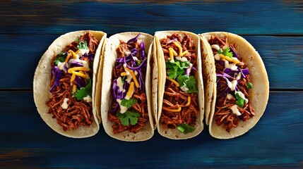 Four Flavorful Pulled Pork Tacos Topped with Shredded Purple Cabbage, Cilantro, Cheese, and Creamy Sauce on Dark Blue Wooden Surface Delightfully Presented