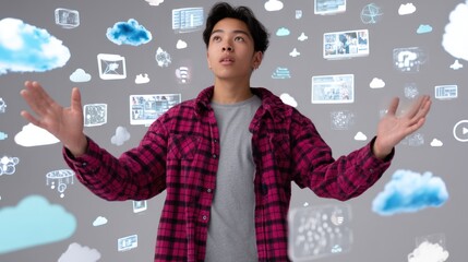 A young man interacts with digital elements, showcasing cloud technology concepts and innovation in a modern setting.
