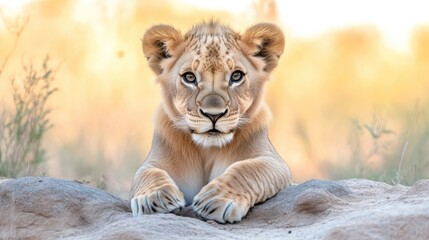Obraz premium A young lion cub rests
