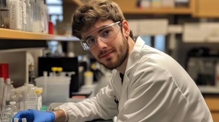 Obraz premium A young scientist in a lab coat works with laboratory equipment, showcasing dedication to research and discovery in a modern laboratory.