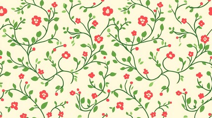 Delicate floral vines red blossoms on a creamy background pattern design