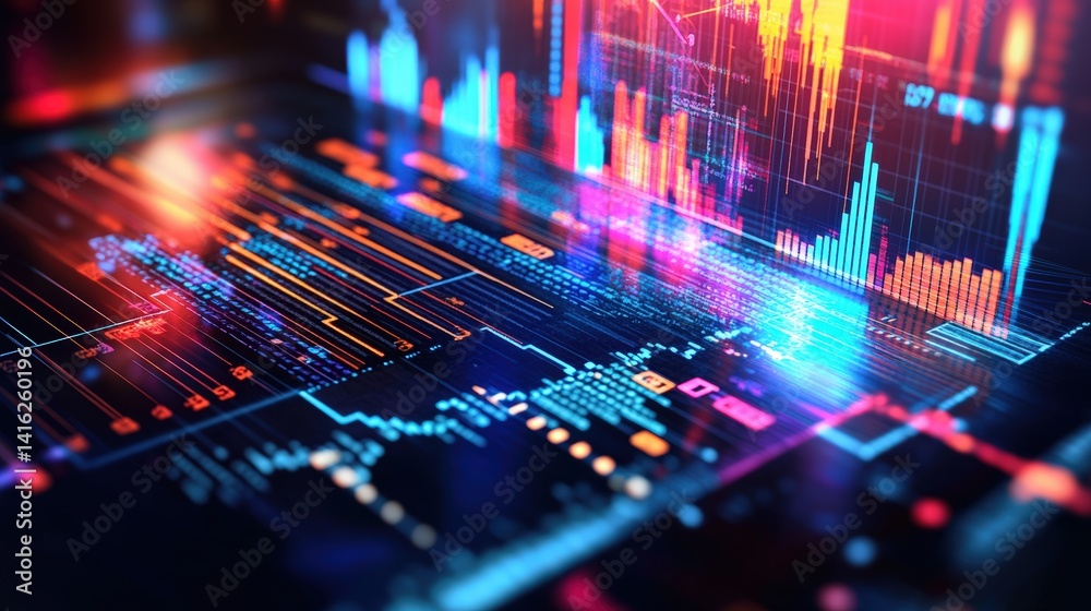Poster abstract digital visualization of vibrant financial data featu dynamic graphs and charts in a high-t