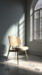 A modern chair illuminated by sunlight in a minimalist interior. isolated minimal elements.
