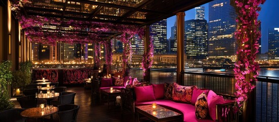 Obraz premium Exclusive rooftop lounge with blossoming decor and skyline views in urban setting
