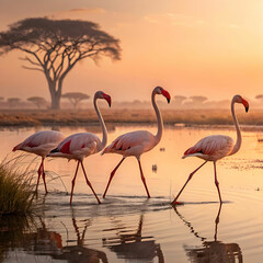Naklejka premium Flamingos in African wetlands, a breathtaking ultra-realistic scene with a group of elegant flamingos 